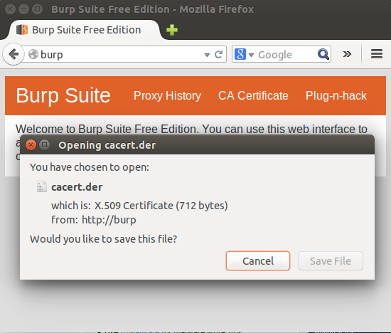 Burp CA certificate download